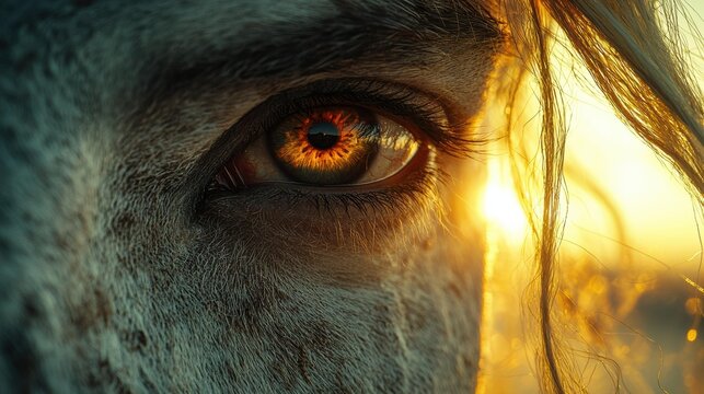 Extreme close-up of a horse's eye reflecting the golden sunlight and its mane against a blurred background. AI.
