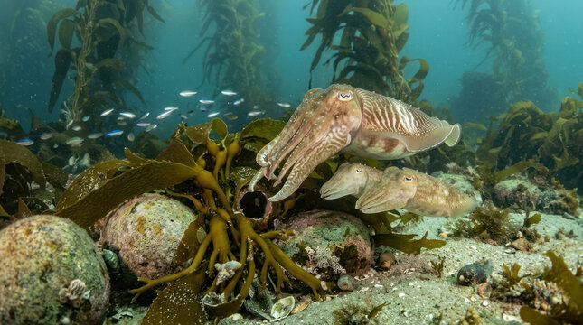 Cuttlefish swimming in kelp forest underwater marine life.
