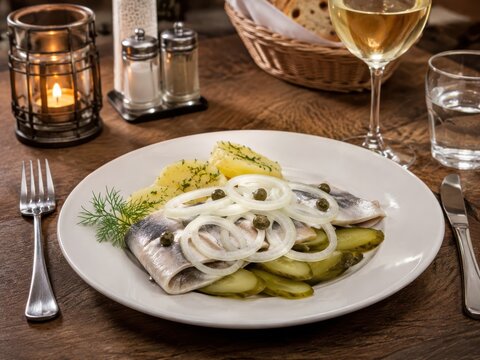 Heringsfilet im deutschen Restaurant: Marinierter Hering mit Zwiebelringen, Gurken, Kapern und Salzkartoffeln, klassisch angerichtet auf wei&szlig;em Teller mit Dill.