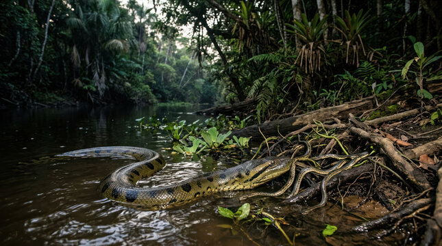 Large Anaconda Snake Coiled in Amazon River Water Surrounded by Lush Greenery.