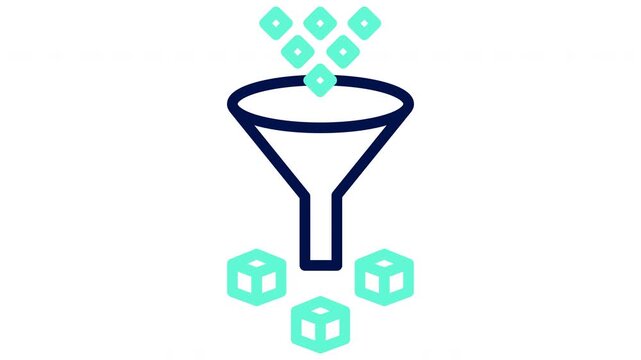 Data sorting. Data filter funnel icon with cubes and diamonds. Vector illustration, outline video
