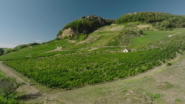 Vue sur le village perch&eacute; de Ch&acirc;teau-Chalon depuis les vignes de Nevy-sur-Seille, Jura (39)