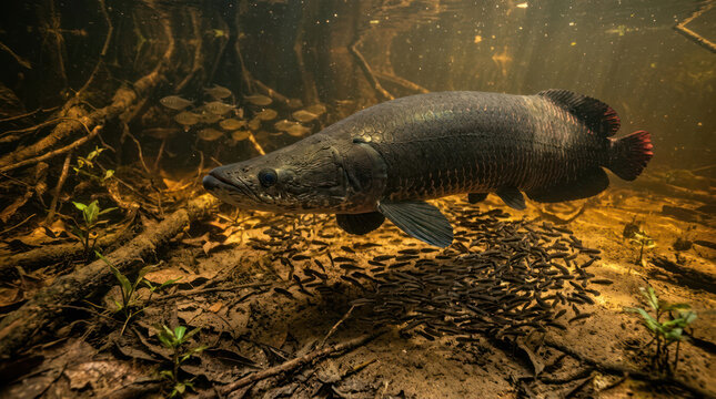 Large Arapaima Fish Swimming Underwater in Amazon River.