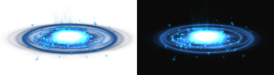 PNG image of Glowing blue circular energy portal with dynamic light particles and magical swirling effects emitted from center point on transparent background