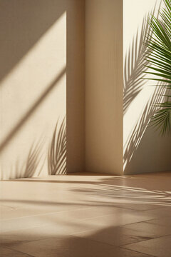 Minimalist background with beige walls and tiled floor