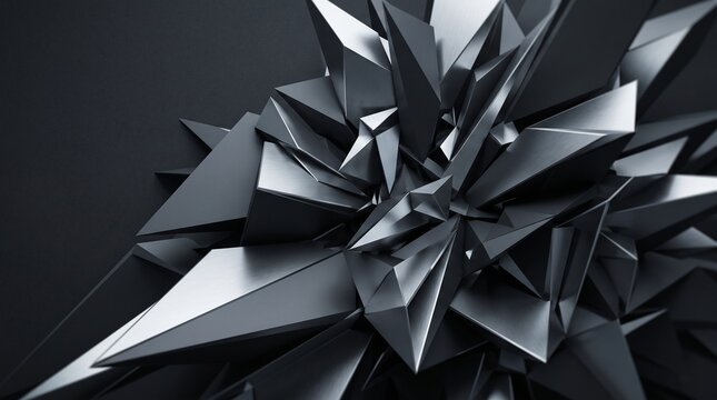 Abstract Metallic Sculpture: A striking 3D render of an abstract metallic sculpture, featuring sharp geometric facets and a dark, reflective surface, evoking a sense of modern, industrial design.