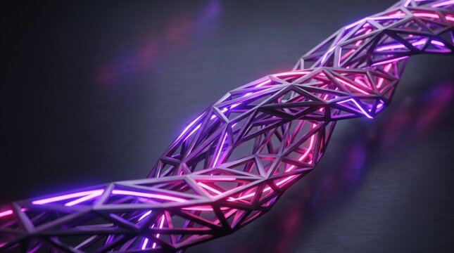 Abstract DNA Helix Glowing with Neon Lights: A stunning 3D render of a DNA double helix structure illuminated by vibrant neon lights in shades of pink and purple.