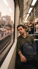Fototapeta premium Profissional em transporte urbano demonstra cansaço após jornada de trabalho, representando esgotamento cotidiano e desafios do equilíbrio entre carreira e vida pessoal