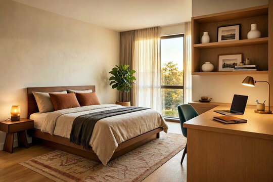 warm modern bedroom with integrated workspace