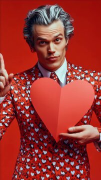 Man holds red heart against vibrant red background. He wears a patterned suit with white hearts. He gestures with one hand while holding the heart. His hair is styled with silver and dark tones