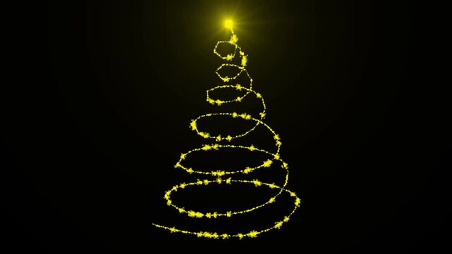 Golden helix Christmas tree wireframe animation with sparkling light particles on black background