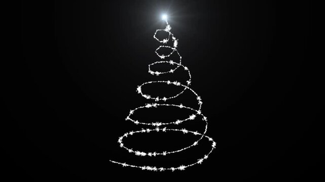 Abstract holiday tree helix path line animation with glowing star topping isolated on dark background