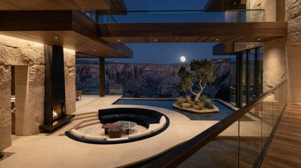 Fototapeta premium Luxury modern living room with panoramic city view at dusk. High-end open-plan interior featuring freestanding bathtub and contemporary decor.