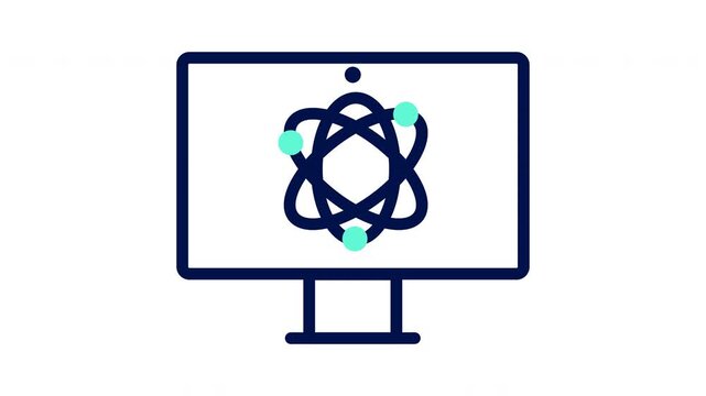 Quantum computing icon with atom on monitor screen. Vector illustration, outline video