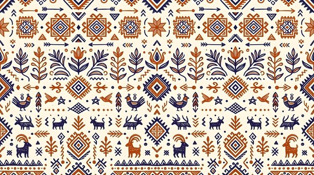 Seamless ethnic pattern with tribal elements hand drawn vector illustration. geometric background with animals and plants.