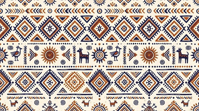 Seamless ethnic pattern with tribal elements, hand drawn vector illustration. geometric background with sun, deer, and birds.