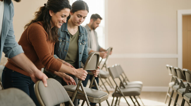 Group of volunteers setting up folding chairs in a church hall. Young people preparing seats for prayer service. Community teamwork and fellowship concept