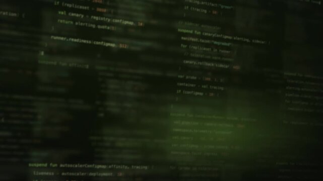Abstract blurred code background featuring a moss green color palette with glowing text elements, depicting a digital coding environment with soft focus and dynamic motion, ideal for tech and