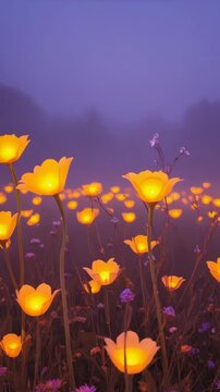 Glowing California Poppy Field at Dusk - Vibrant Orange Blooms in a Purple Mist Landscape, Dreamy Serenity.