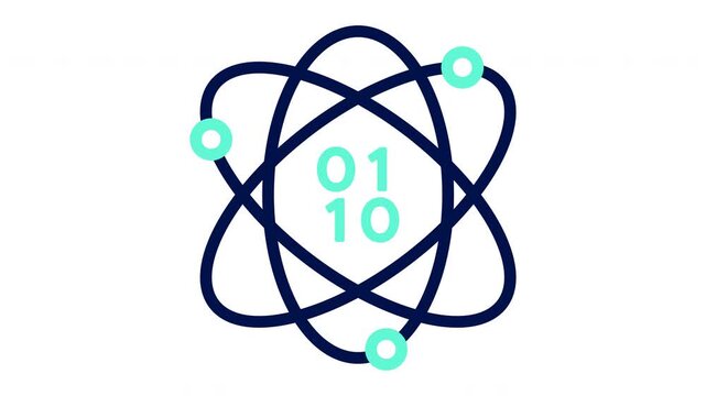 Quantum computing icon with atom and binary code. Vector illustration, outline video