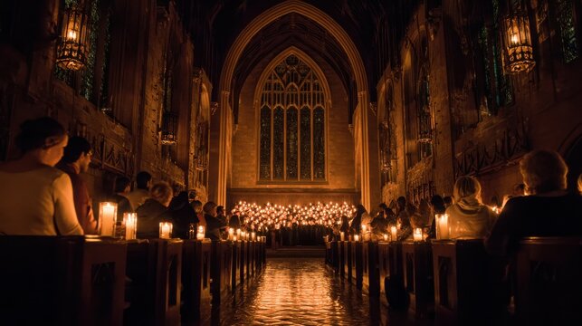 Candlelight gathering inside historic stone cathedral during evening service with rows of seated