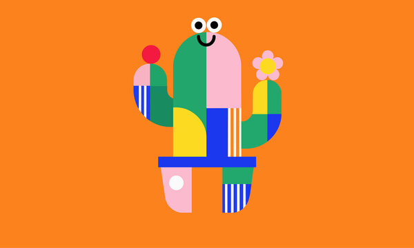 Smiling Geometric Cactus Character with Colorful Flowers