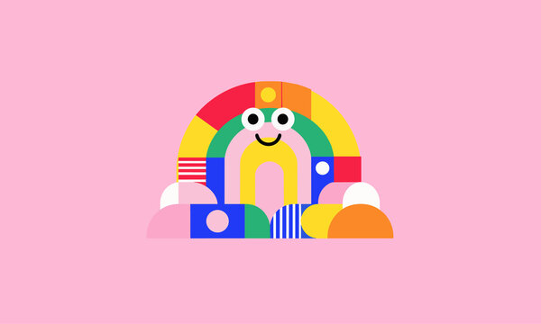 Smiling Geometric Rainbow Character with Colorful Clouds
