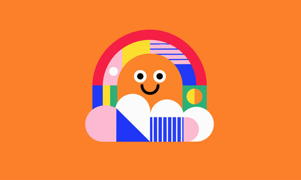 Smiling Sun Behind Colorful Geometric Rainbow and Clouds