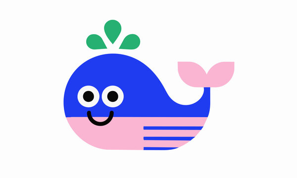 Smiling Geometric Whale Character in Colorful Flat Illustration