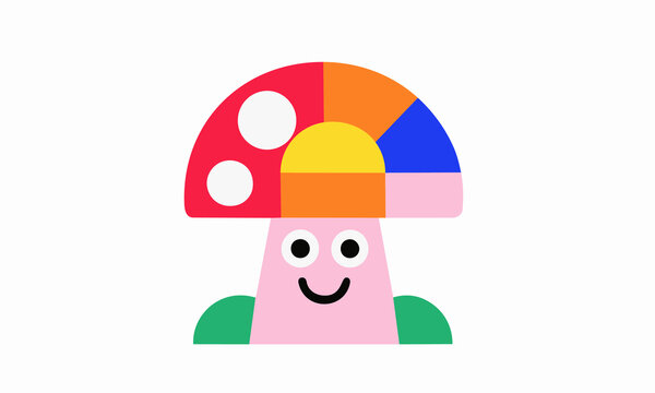 Colorful Smiling Mushroom Character in Geometric Flat Style