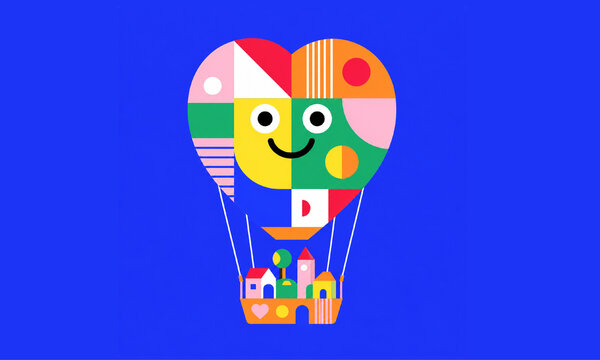 Colorful Heart Shaped Hot Air Balloon Over Tiny Town