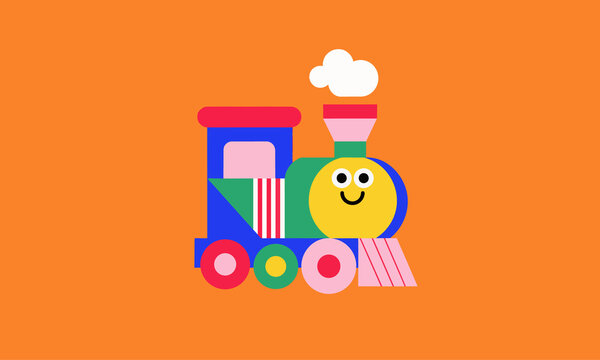 Smiling Geometric Toy Train in Colorful Flat Illustration