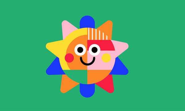 Smiling Geometric Sun Character in Colorful Flat Illustration