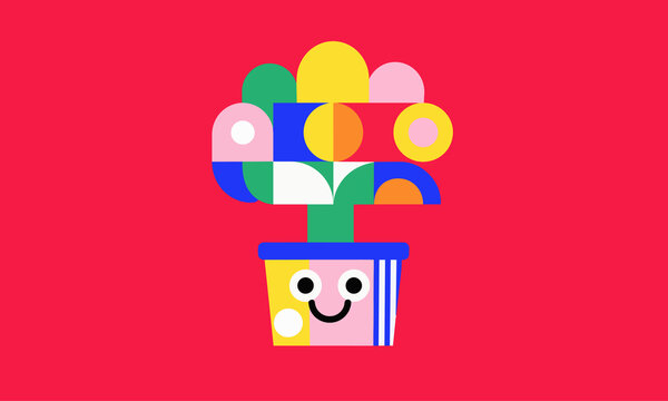 Smiling Geometric Flower in Colorful Pot on Red Background