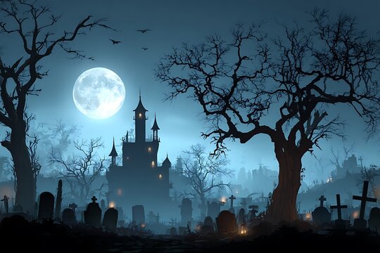 Spooky Haunted House in an Eerie Graveyard with a Full Moon Glowing in the Dark Night Sky Scene