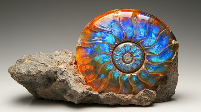 Detailed ammonite fossil with vibrant iridescence, resting on a textured rock surface, showcasing natural patterns