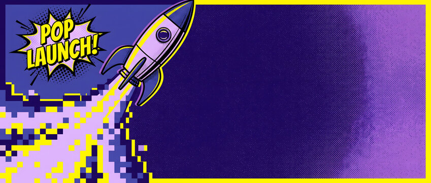 Colorful pop art rocket launch illustration with vibrant background and comic-style text bubble