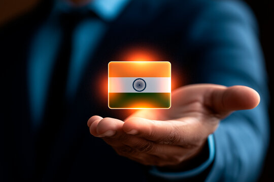 Businessman holding glowing digital India flag hologram over extended hand