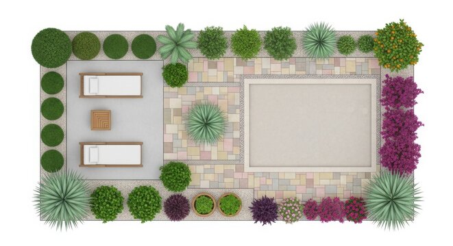 Top view landscape garden design plan with trees and pool