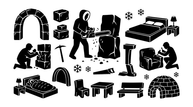 Winter Boot and Cold Weather Silhouette Set &ndash; Snow Gear, Ice Axe, Frost, Outdoor Icons