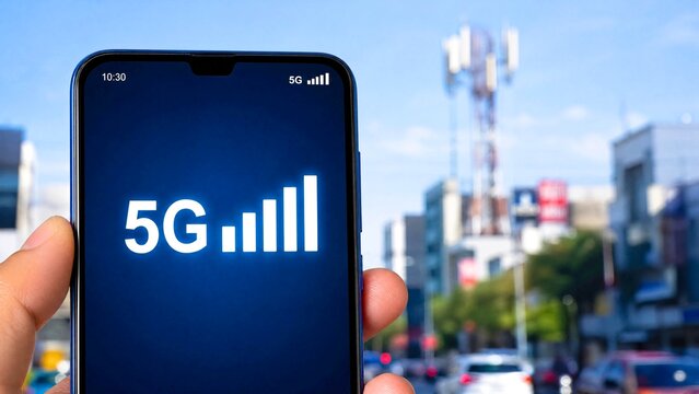 Hand holding smartphone displaying 5G signal strength with cell tower in urban background, representing mobile network connectivity and wireless communication technology