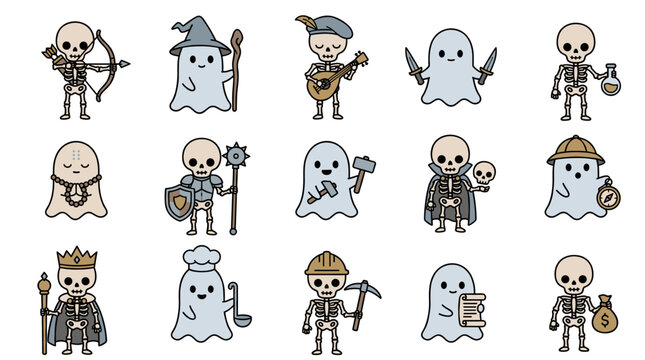 A collection of adorable cartoon skeletons and ghosts depicted in different professions and roles, ideal for playful and creative themes.