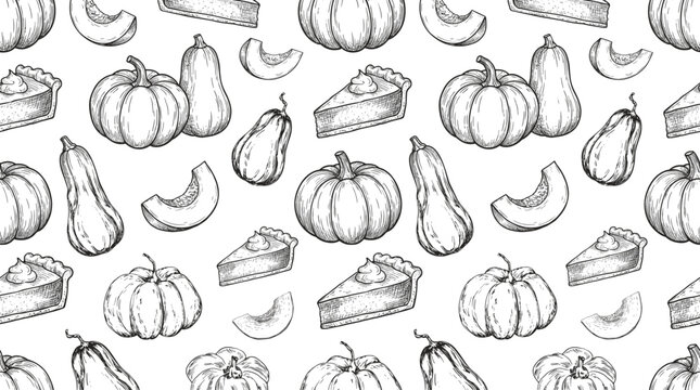 A charming hand-drawn pattern featuring a variety of pumpkins, butternut squash, and slices of pie on a white background.