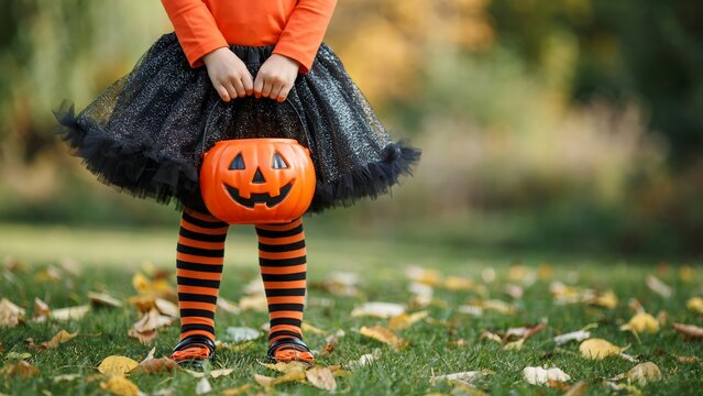 Child holding a Halloween pumpkin bucket in costume