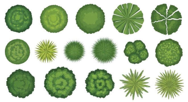 Set of green tree top view icons for landscape design