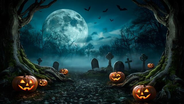 Spooky Halloween night scene with carved pumpkins and full moon