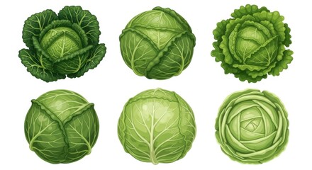 Obraz premium Set of fresh green cabbage vegetables in flat vector style