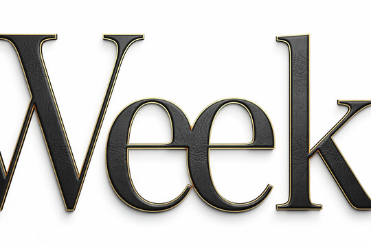 The elegant word Week is digitally rendered in a luxurious black leather texture with a shimmering gold metallic outline creating a sophisticated and eye-catching visual presentation