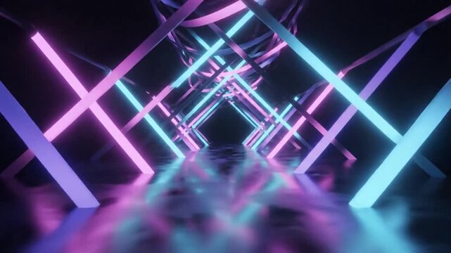 Abstract Neon Tunnel: An abstract visualization of a glowing neon tunnel with intersecting geometric shapes, bathed in vibrant pink and cyan light, creating a futuristic and dynamic atmosphere.