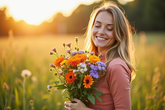 A Woman Clutching a Bundle of Lively Wildflowers in a Meadow Bathed in Sunlight